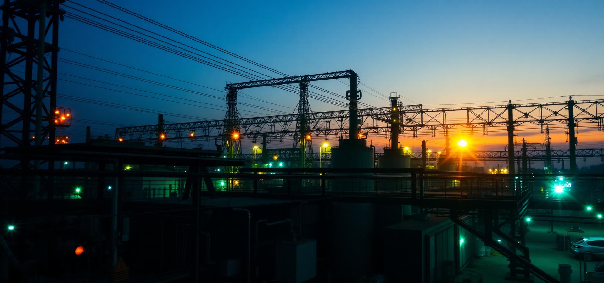 Wide view of an industrial facility with electrical infrastructure at dusk
