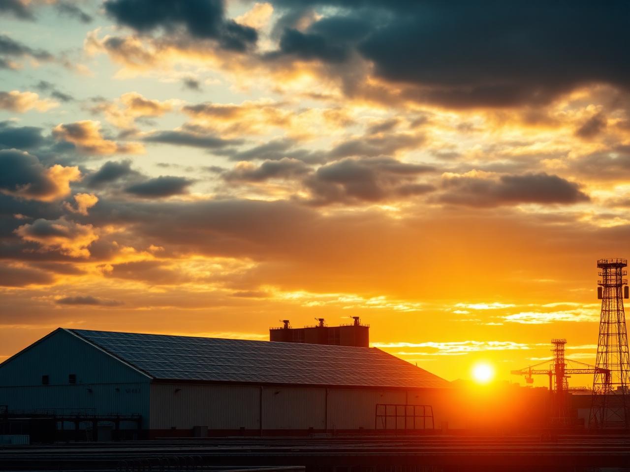 Solar panel array on an industrial facility roof at sunset